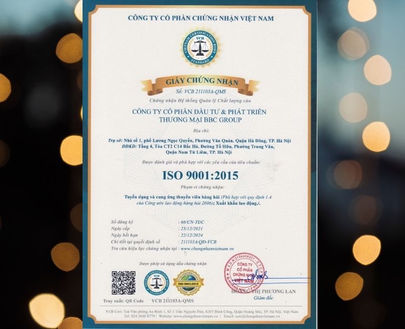CÔNG TY CỔ PHẦN ĐẦU TƯ & PHÁT TRIỂN THƯƠNG MẠI BBC GROUP VINH DỰ ĐẠT CHỨNG NHẬN ISO 9001:2015 DO TỔ CHỨC CHỨNG NHẬN VIỆC NAM CẤP
